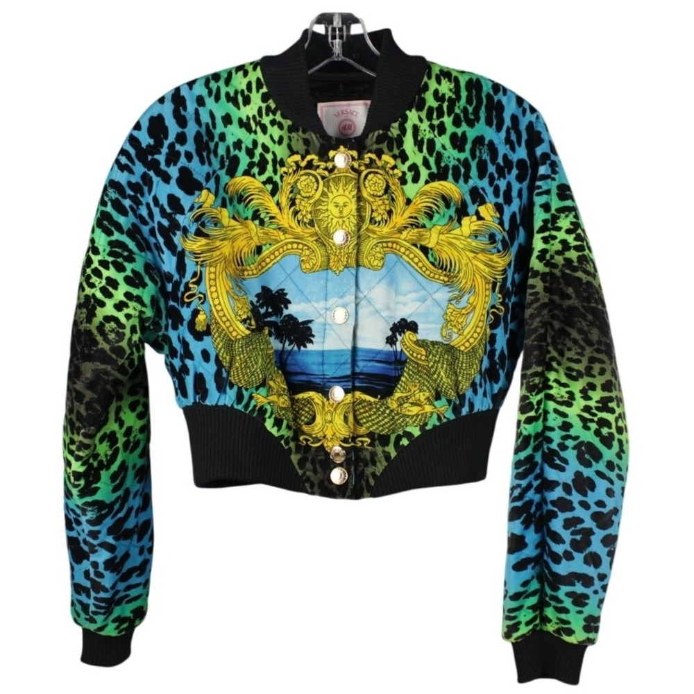 Versace for H&M Leopard Tropical Baroque Cropped Bomber Jacket‎ Blue Green US 6